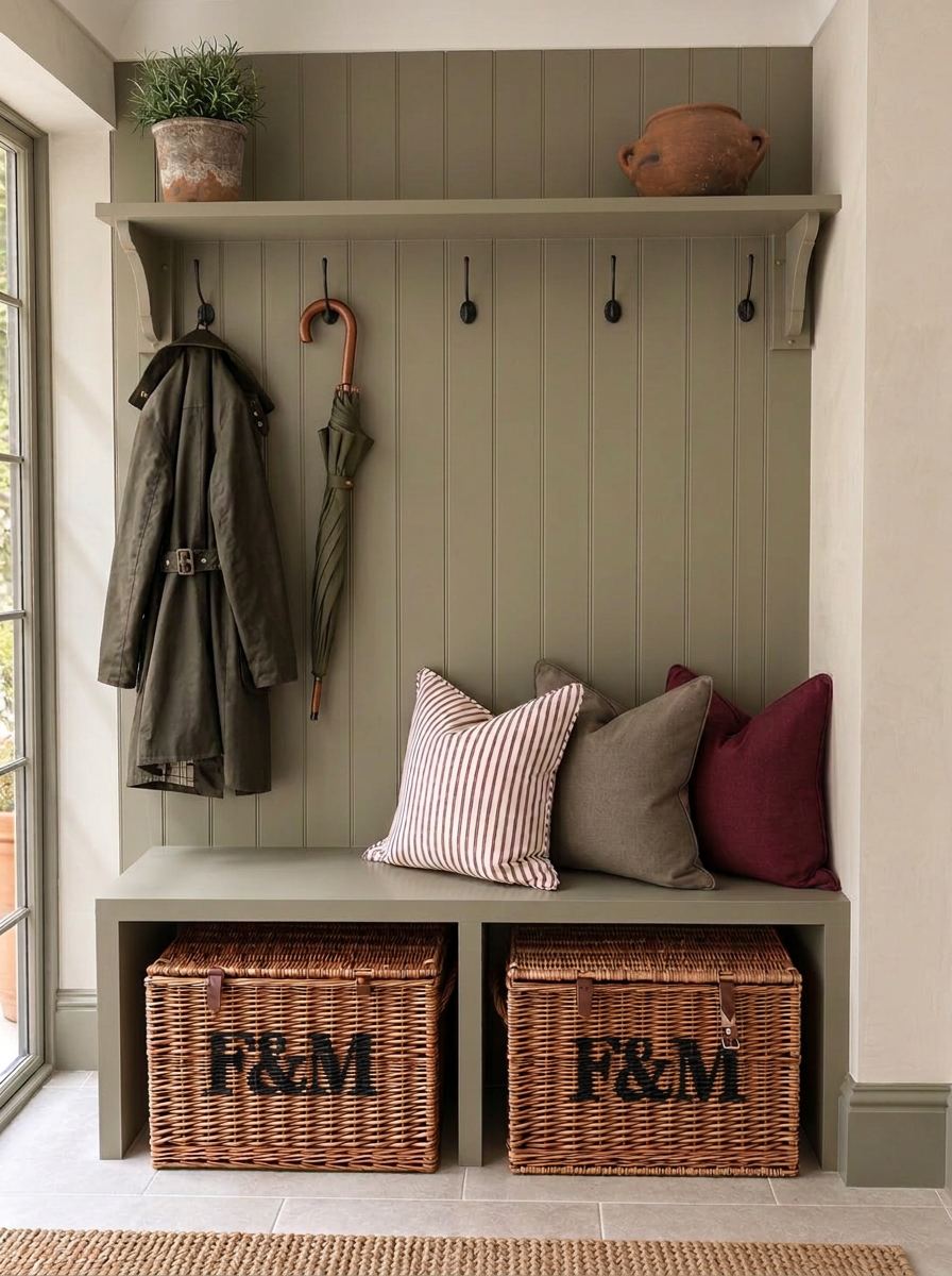 Arden & Field burgundy stripe, taupe and burgundy cushions styled in an olive-panelled boot room