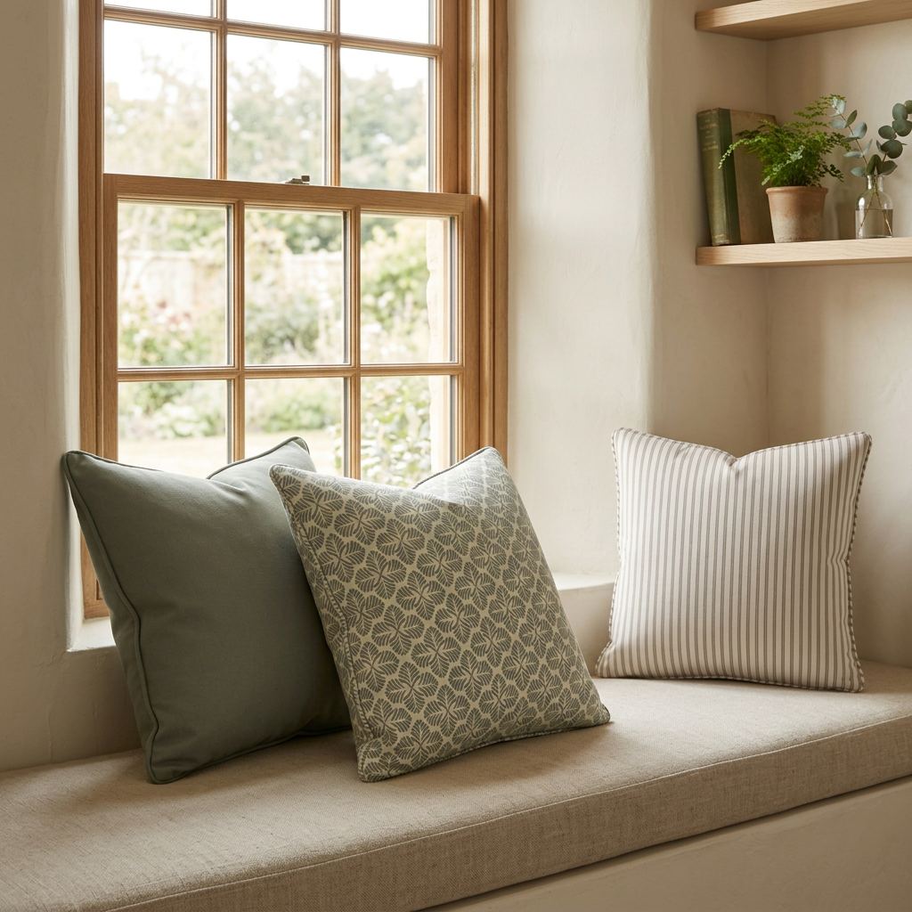 Sage leaf, plain and taupe stripe cushions on a country-modern window seat