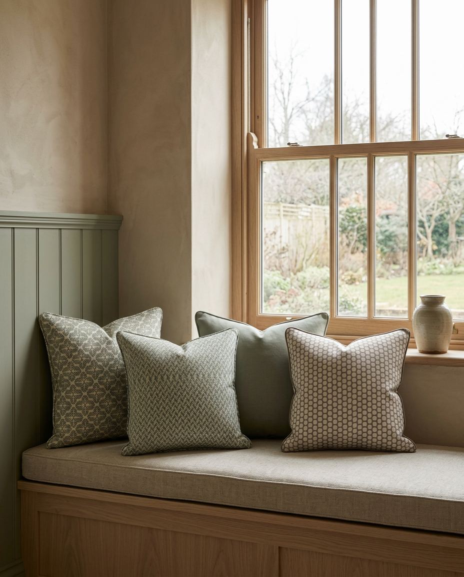 Close detail of natural linen and woven cushion fabric
