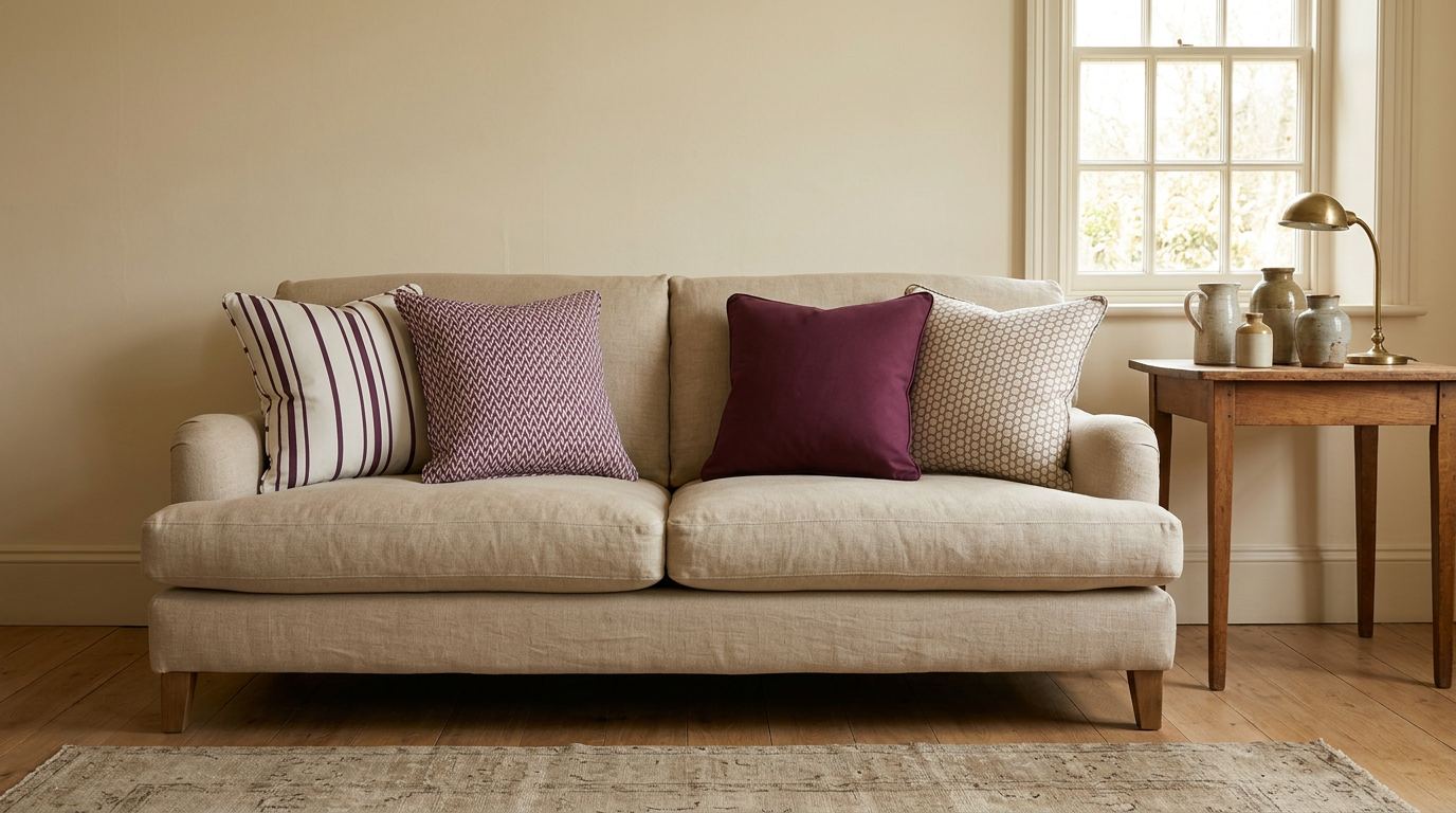 Calm British sitting room styled with Arden & Field cushions