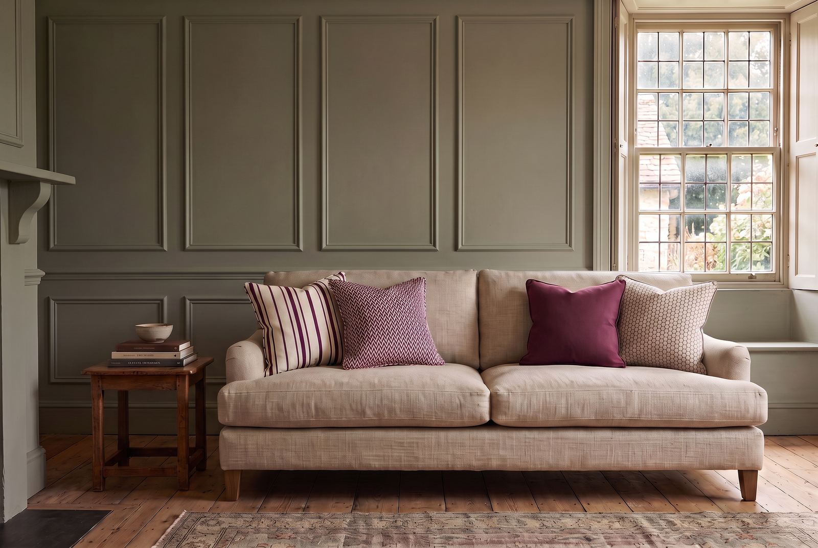Linen sofa styled with Arden & Field cushions in a warm British living room
