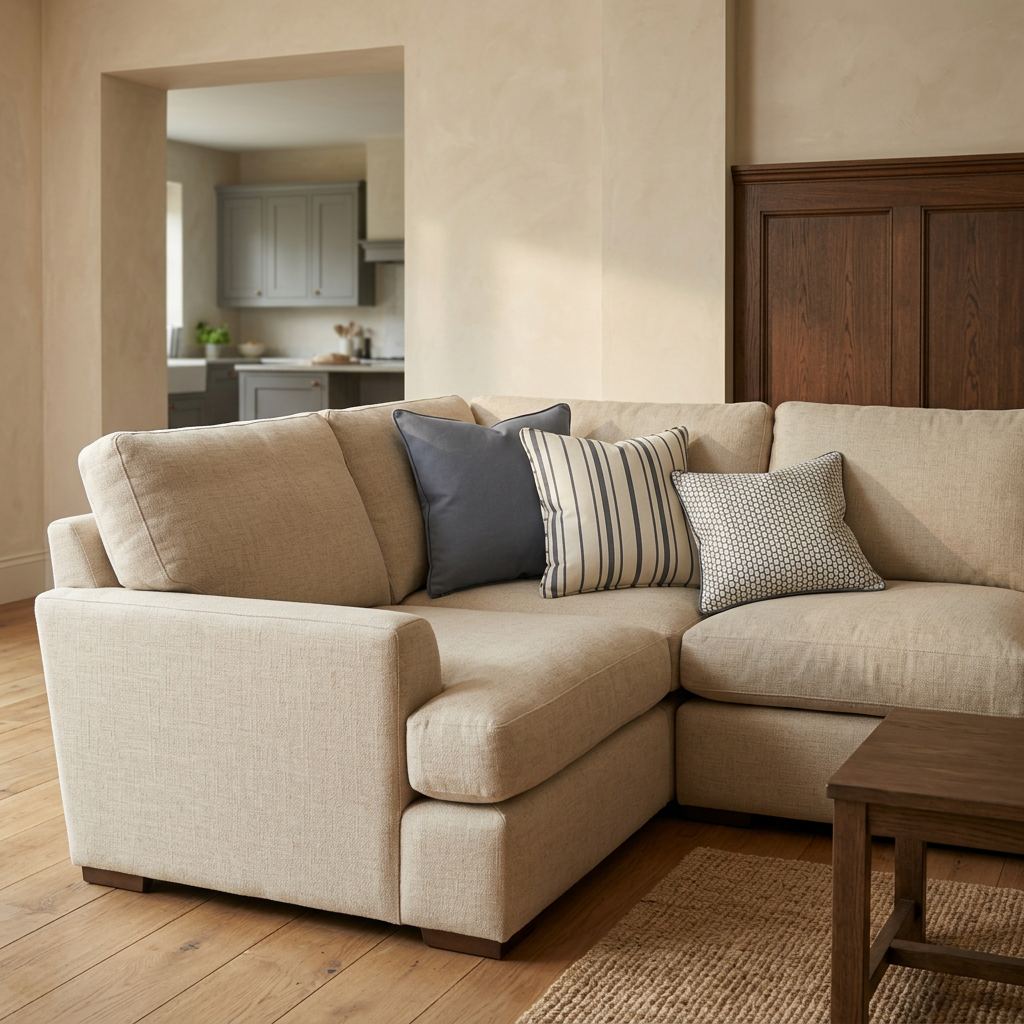 Slate plain, stripe and honeycomb cushions in a relaxed open-plan family room