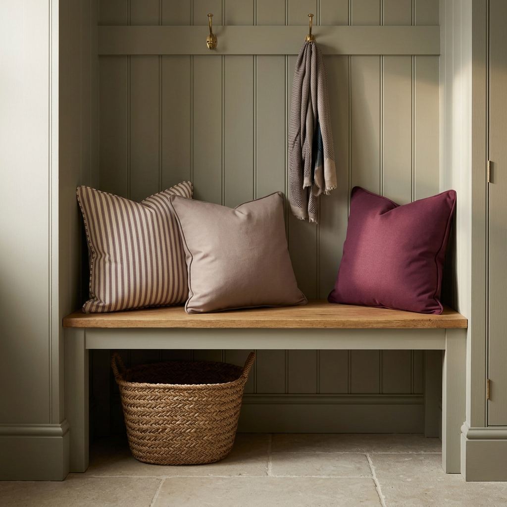 Burgundy stripe and plain cushions with warm taupe on a painted hallway bench
