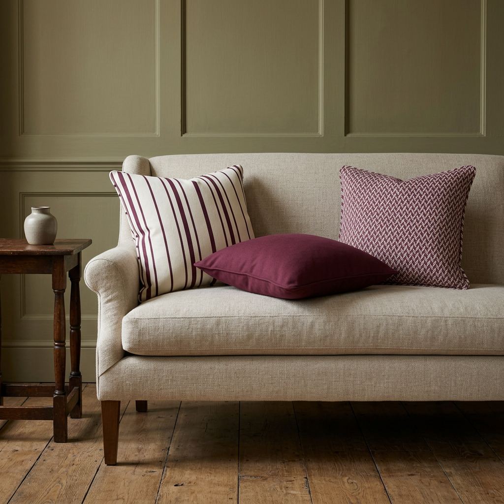 Burgundy stripe, plain and herringbone cushions in an olive-panelled townhouse sitting room
