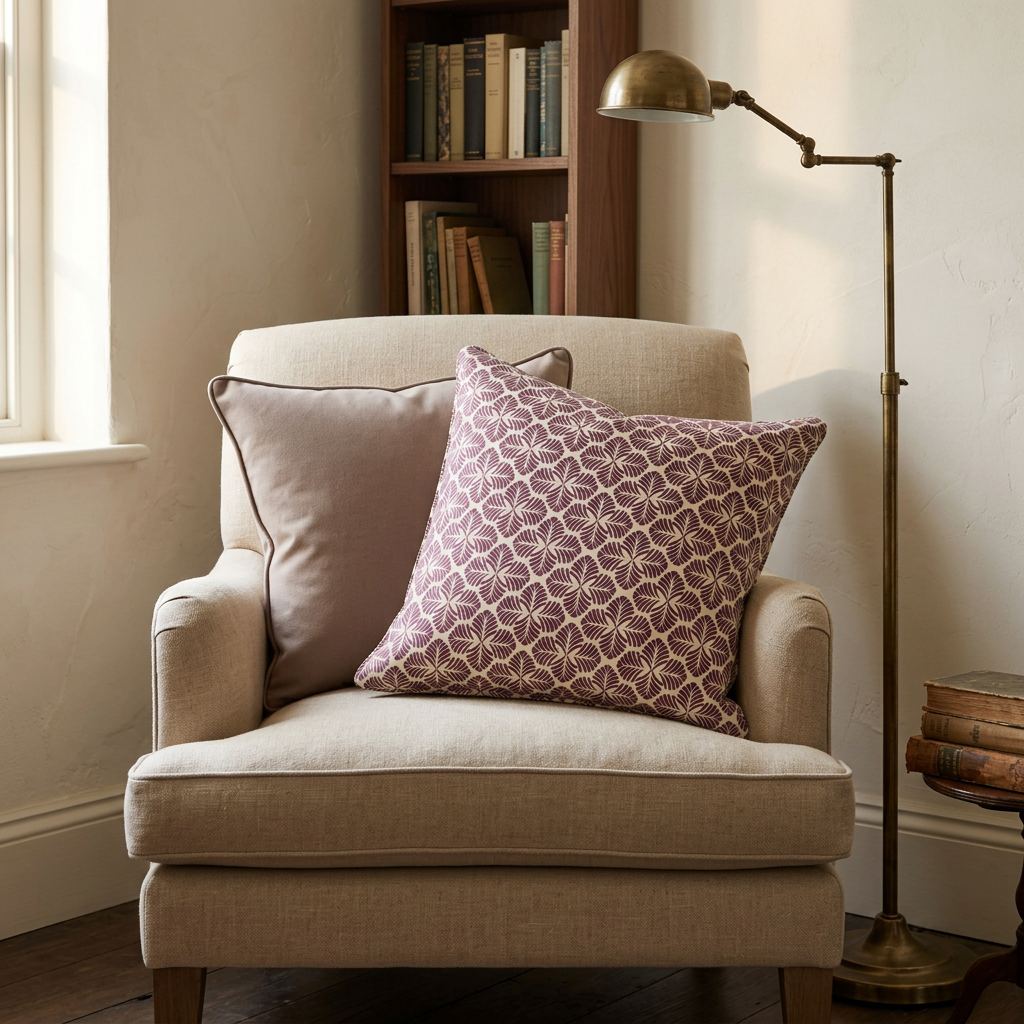 Burgundy leaf and taupe plain cushions in a compact British reading corner