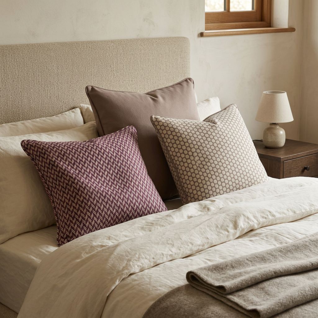 Taupe honeycomb and burgundy herringbone cushions in a warm British bedroom